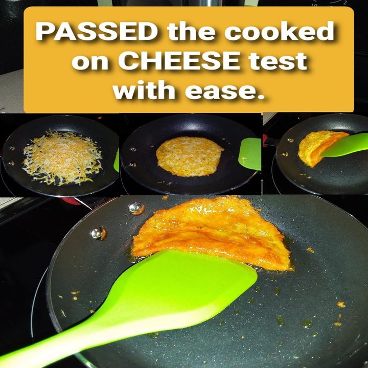 Reviewer's photo showing the fry pan with cooked on melted cheese being lifted flawlessly with nothing left in pan, "PASSED the cooked on CHEESE test with ease."