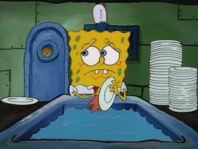 SpongeBOb washing dishes and looking scared