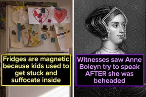 “冰箱是有磁性的，因为孩子们常常被卡在里面窒息而死”，安妮·博林的标题是“目击者看到安妮·博林在被斩首后试图说话”。