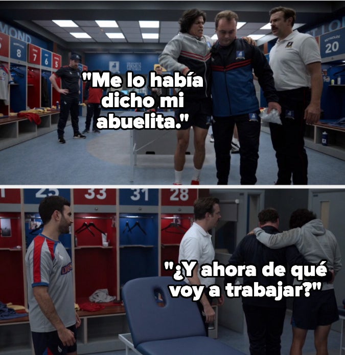 An injured Dani being escorted out of the locker room while speaking Spanish
