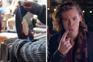 On the left, someone pulling a vinyl record from its sleeve, and on the right, Harry Styles pointing to himself in the Night Changes One Direction music video
