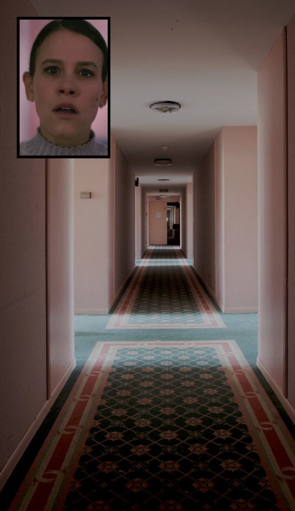 hotel hallway (insert) scared woman in &quot;smile&quot;