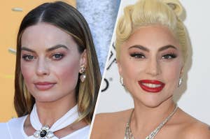 Margot Robbie wears a white top with straps and heart-shaped earrings. Lady Gaga wears a white dress with a diamond necklace and matching earrings with red lipstick and her hair in an updo.