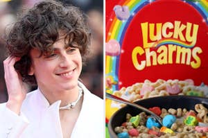 Timothee Chalamet is on the left with a bowl of Luck Charms on the right