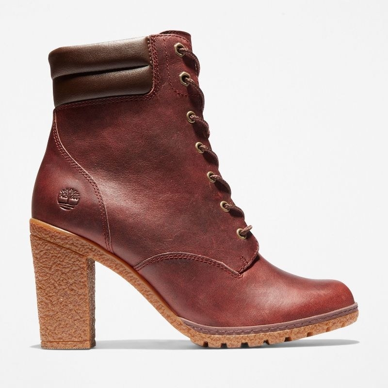 burgundy timberland boots with a six-inch heel