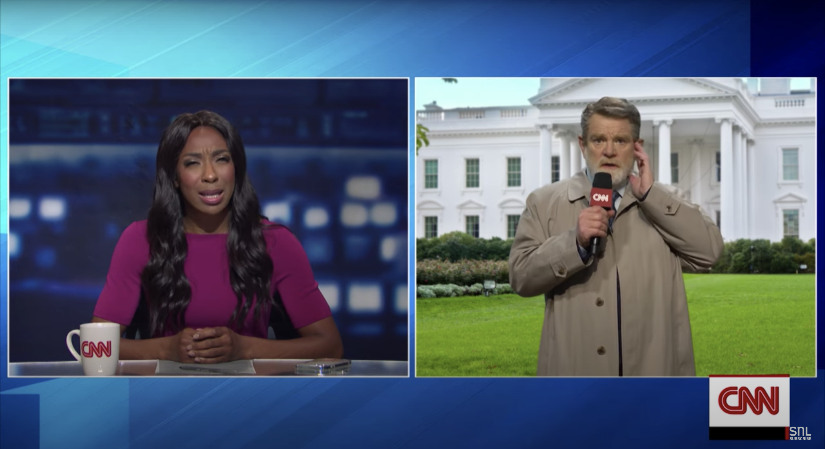 Split screen of Ego sitting with a CNN mug and Brendan on the scene