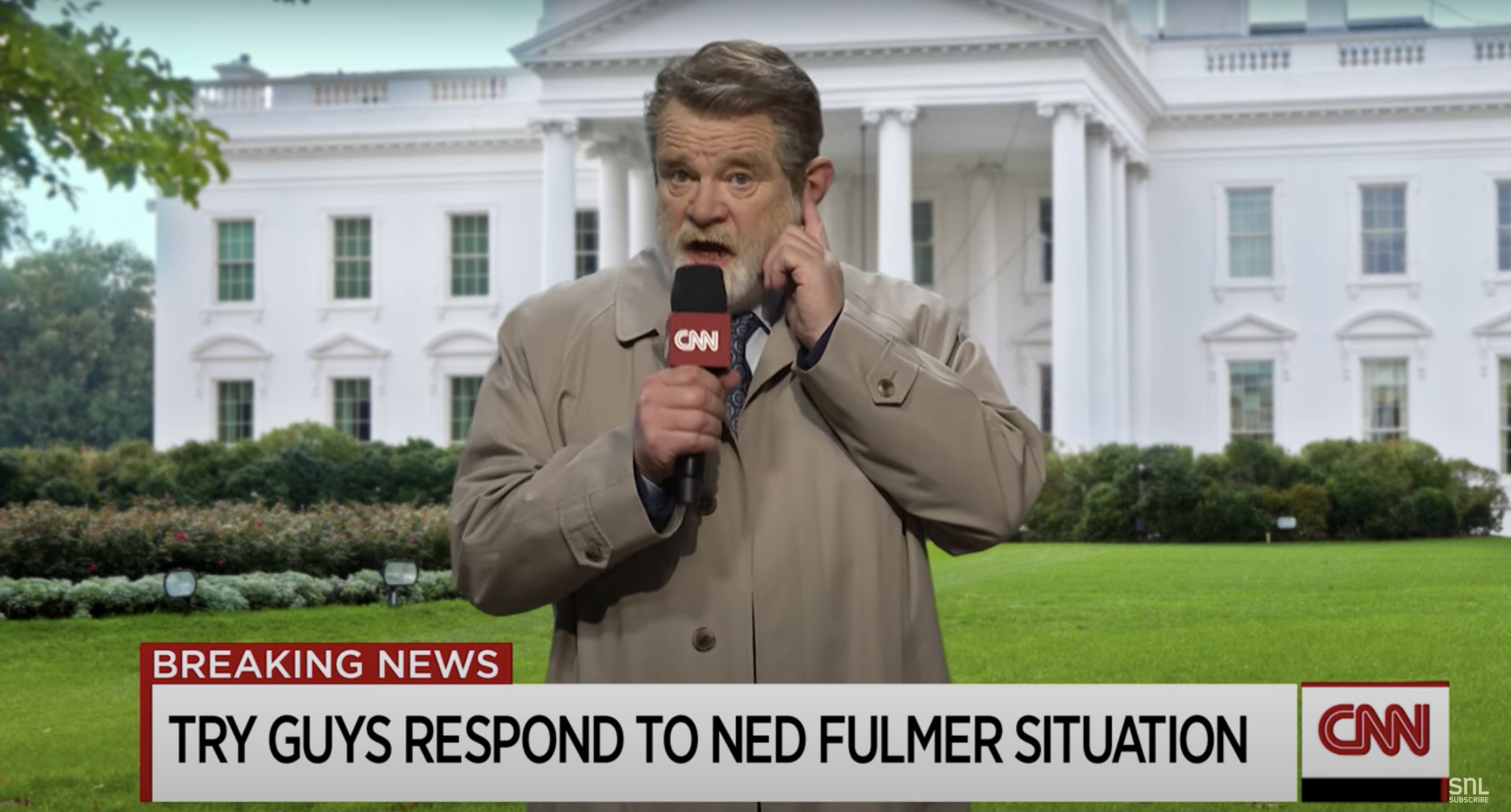 Brendan as a CNN host reporting breaking news