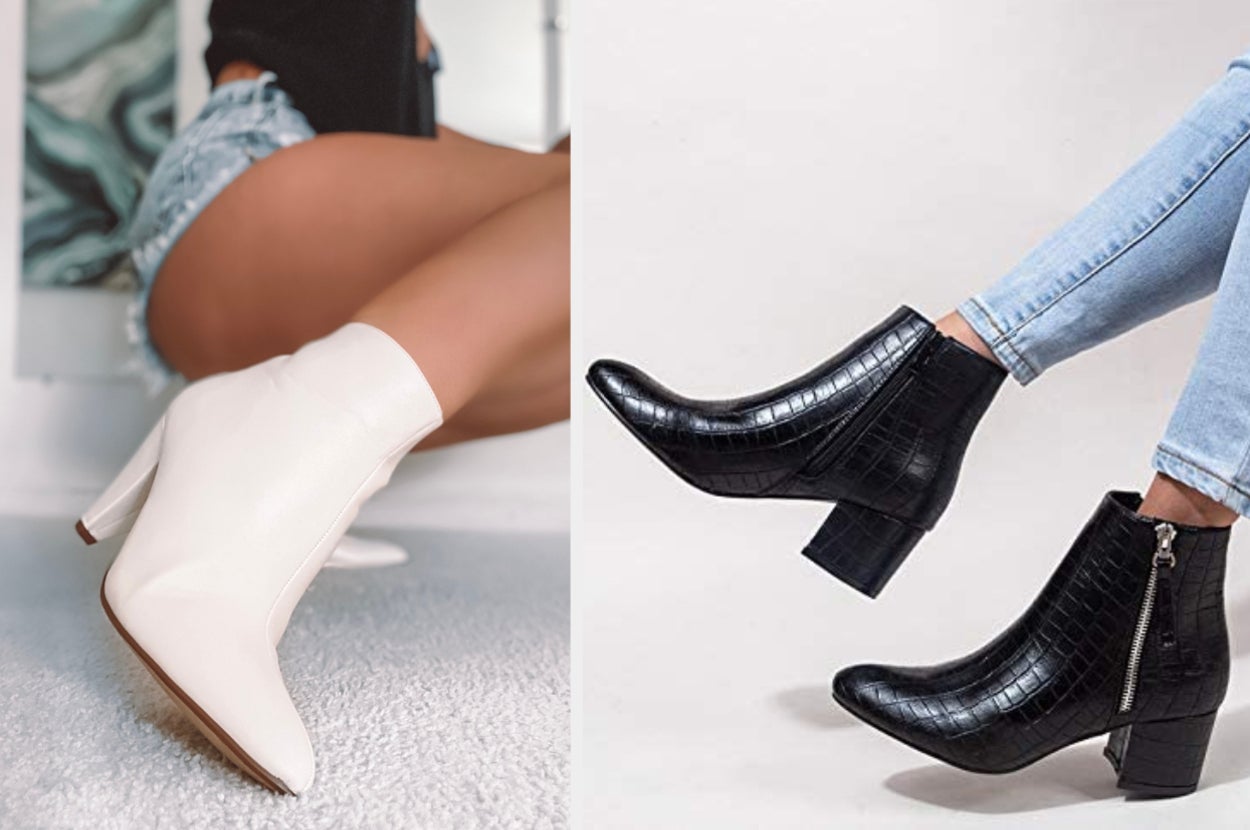 Two images of people wearing white and black booties