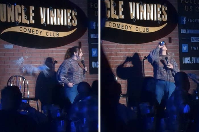 Comedian onstage holding a microphone and then drinking from a can