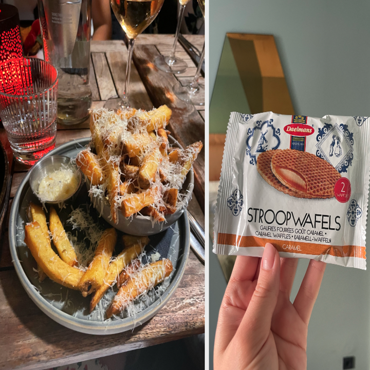 truffle fries with grated parmesan and dutch mayo and a hand holding a packet of stroopwafels