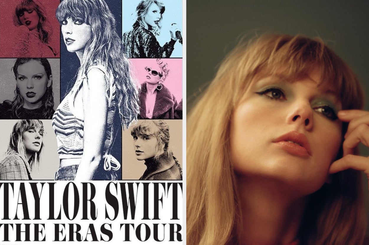 taylor swift eras poster and a picture of taylor from the midnights photoshoot