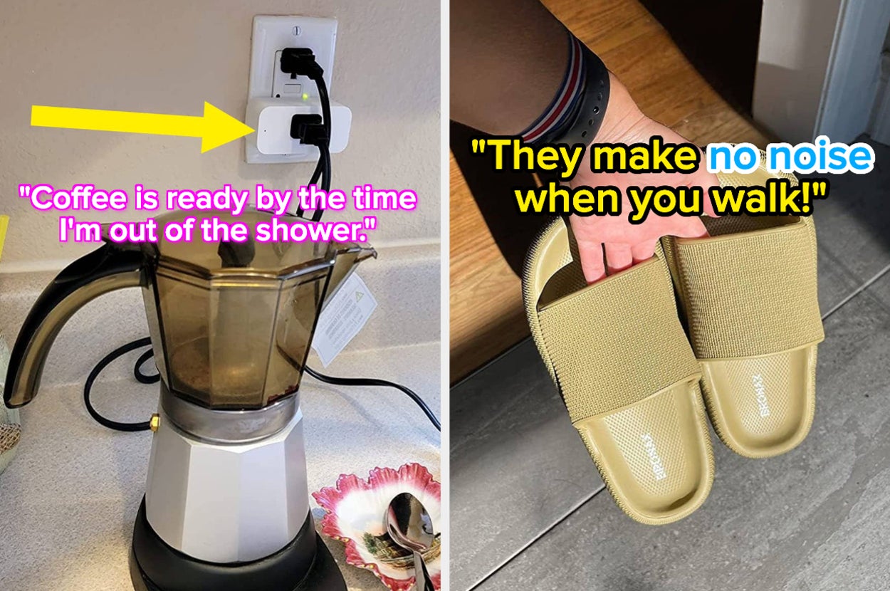 L: reviewer photo of an electric moka put plugged into a smart plug and text on image "coffee is ready by the time I'm out of the shower" R: reviewer holding khaki-colored slides with text "they make no noise when you walk"