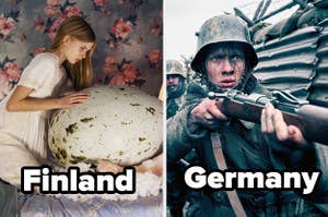 Hatching image with the word "Finland" and All Quiet on the Western Front image with the word "Germany" 