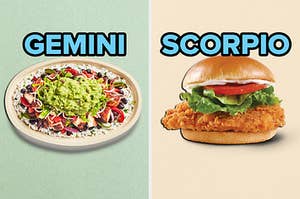 On the left, a burrito bowl from Chipotle labeled Gemini, and on the right, a spicy chicken sandwich from Wendy's labeled Scorpio