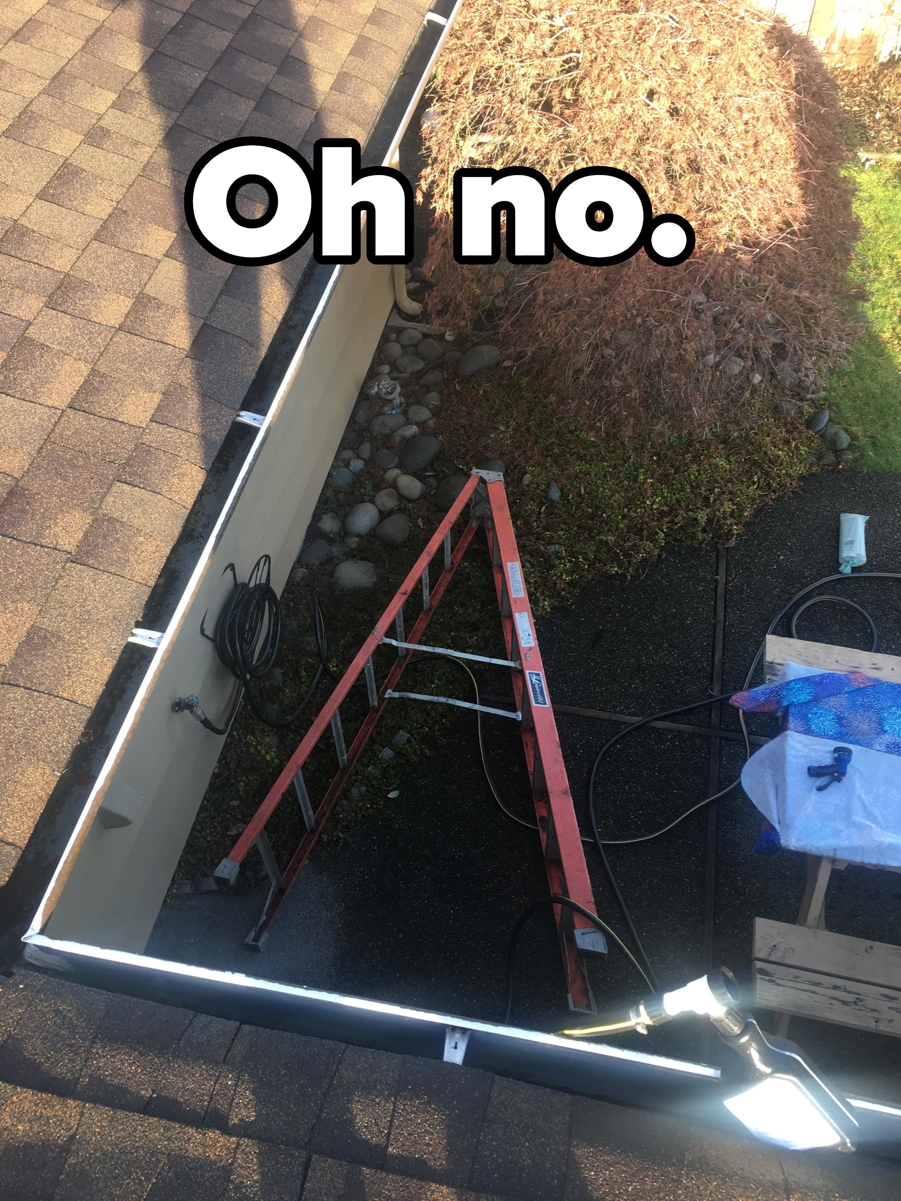 A tipped-over ladder seen from a roof, with text saying, &quot;Oh no&quot;