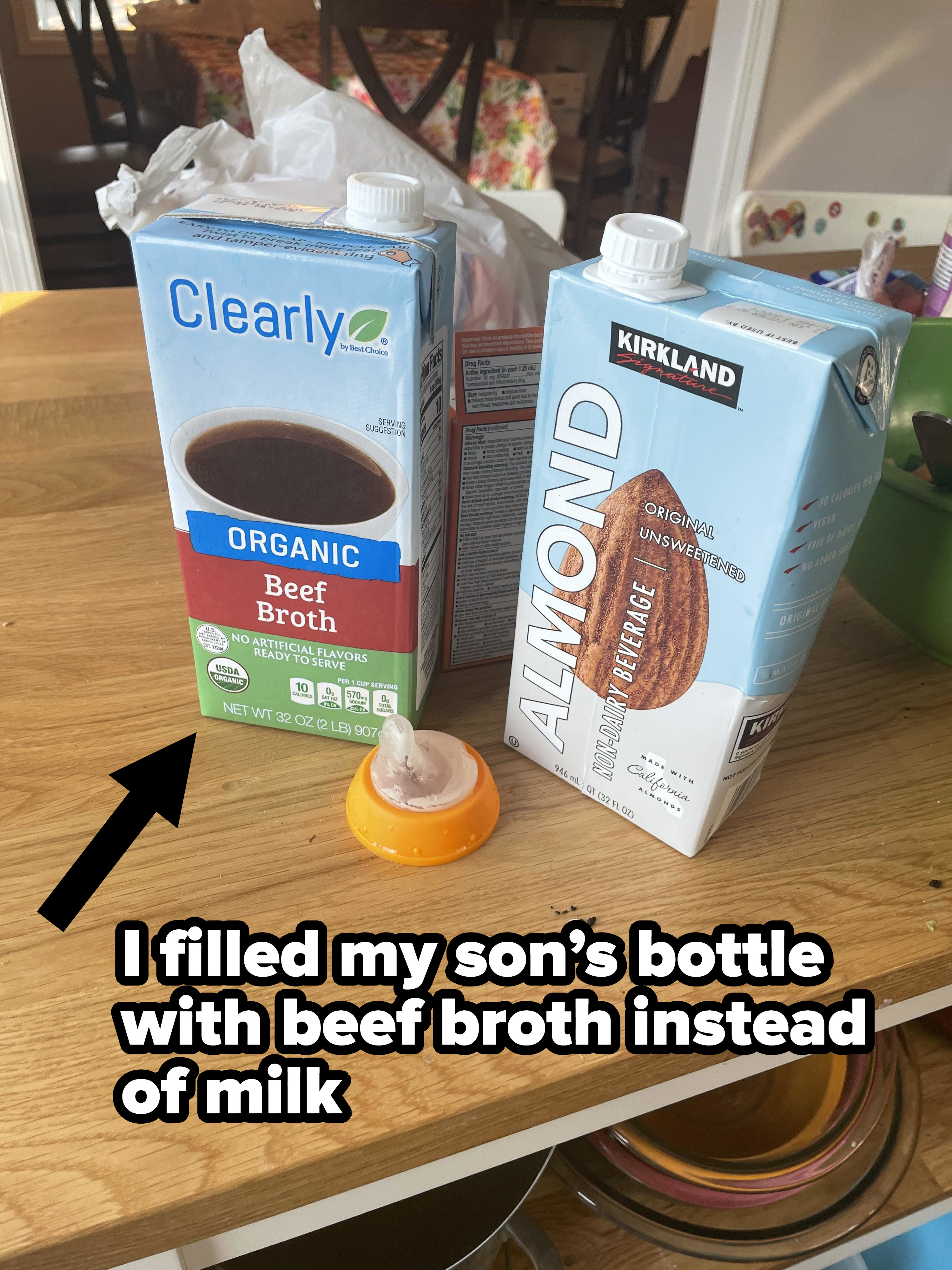 person who mixed up beef broth and milk because the containers look similar
