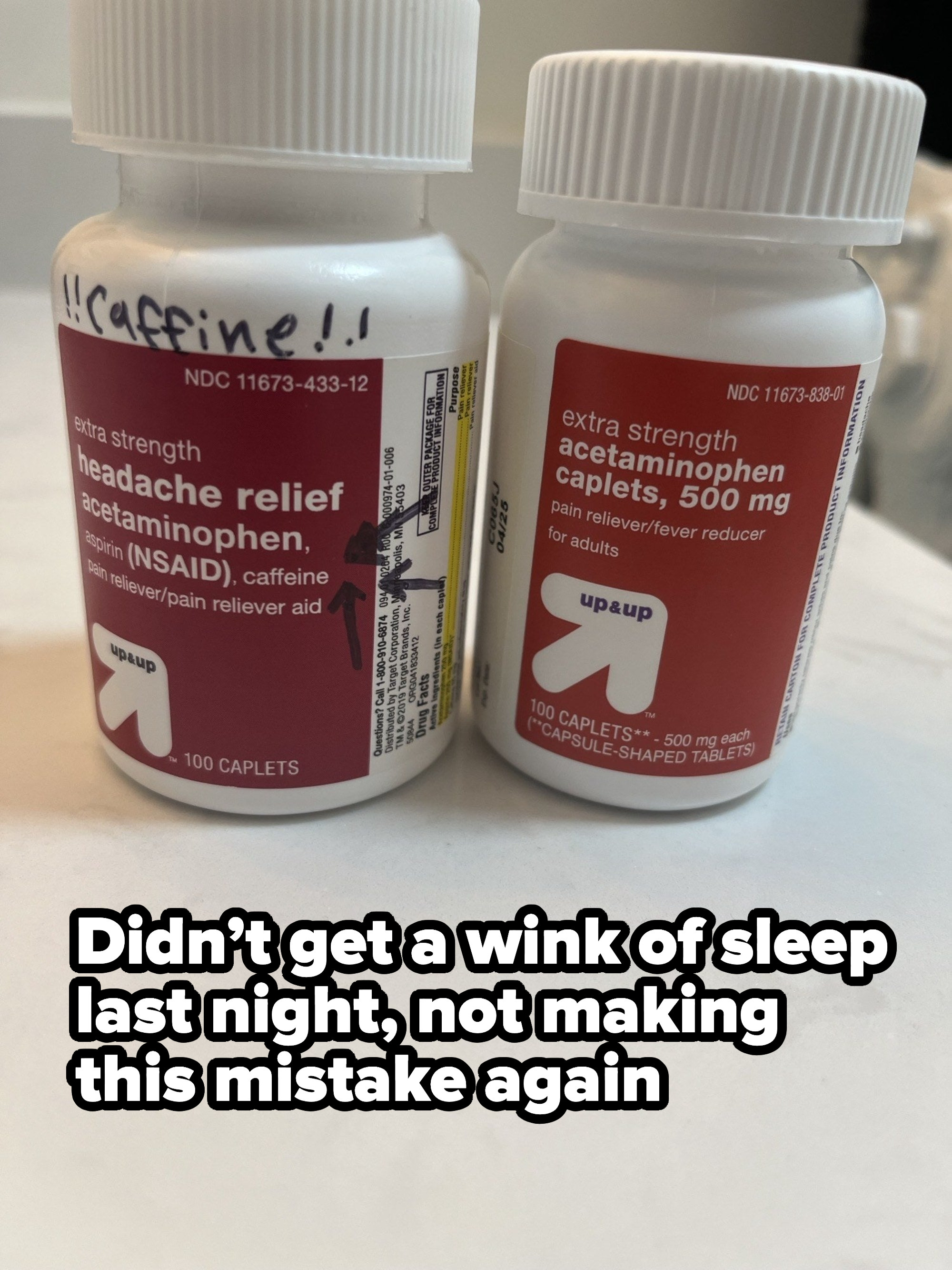 two tylenol bottles, one with caffeine