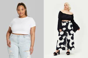 left: model wearing cropped white t-shirt. right: model wearing black-and-white wide-leg trousers.