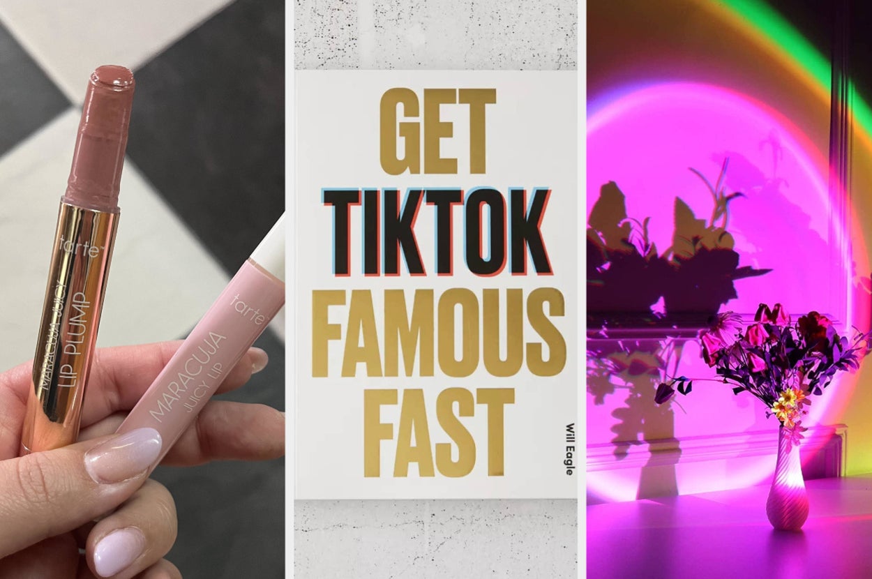 a person holding lip balm, a TikTok book, and a colourful lamp