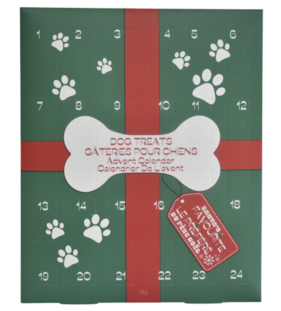 the front of the advent calendar with all the doors closed with a dog bone ribbon print