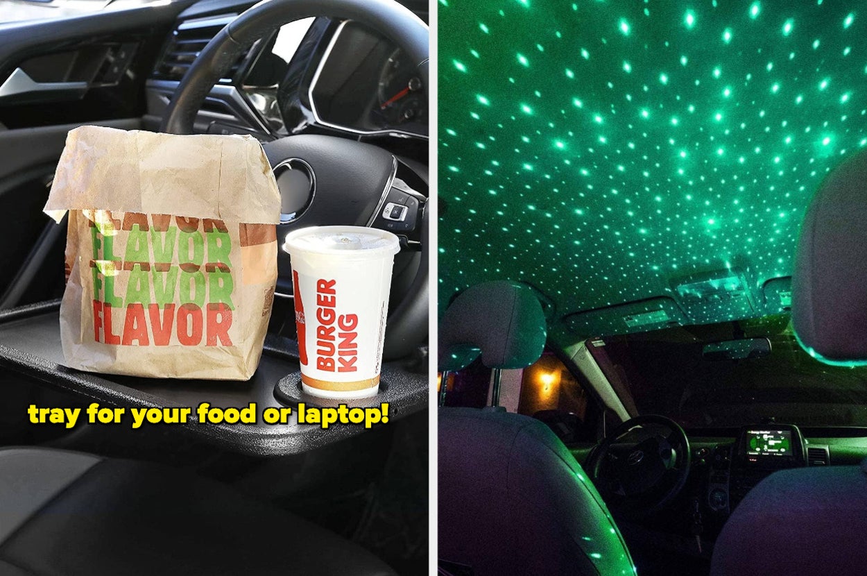 a tray holding fast food while connected to a steering wheel, lights on a car roof
