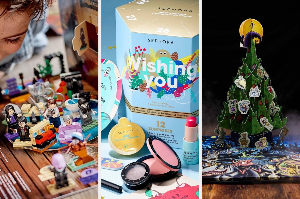 Harry Potter LEGO advent calendar, Sephora beauty calendar, and nightmare before christmas advent