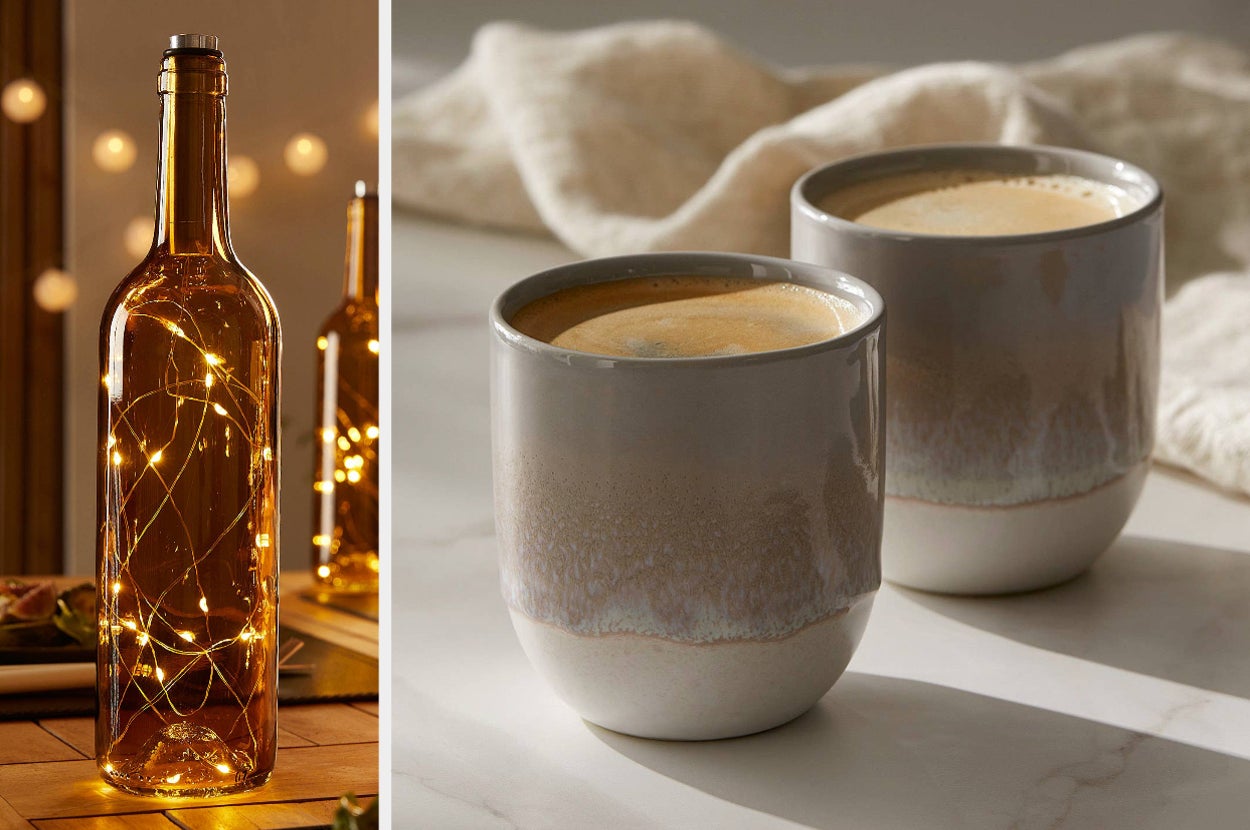 bottle lantern, pair of stoneware mugs 