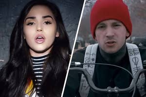 Maggie Lindemann wears a striped turtleneck and the lead singer of Twenty One Pilots wears a beanie