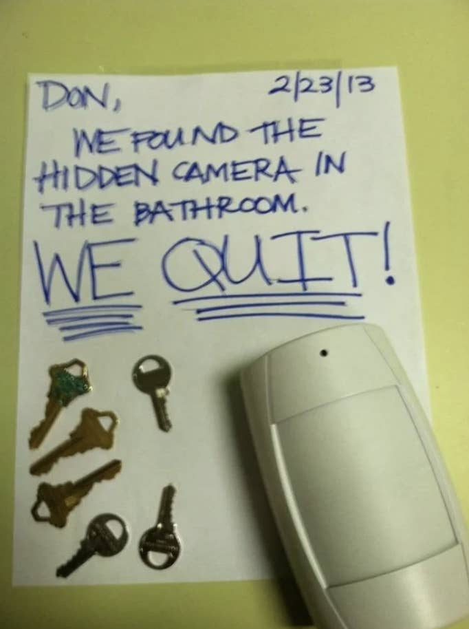 A note saying there was a hidden camera in the bathroom