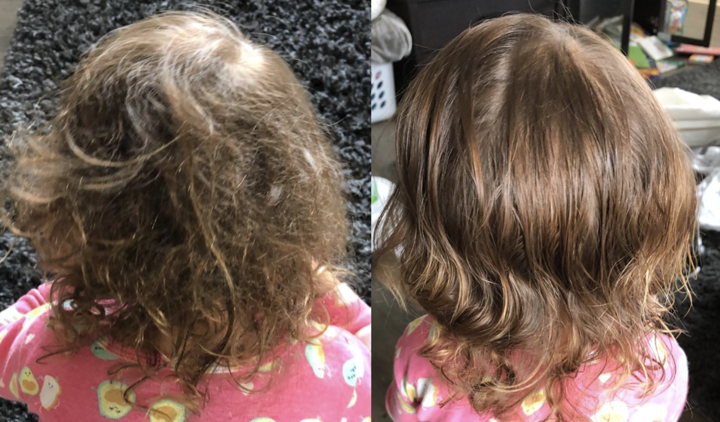 reviewer's toddler with fine hair in knots from bed head brushed and smooth after use