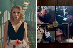 On the left, Taylor Swift in the Me music video, and on the right, all four Midnights vinyls arranged into a clock