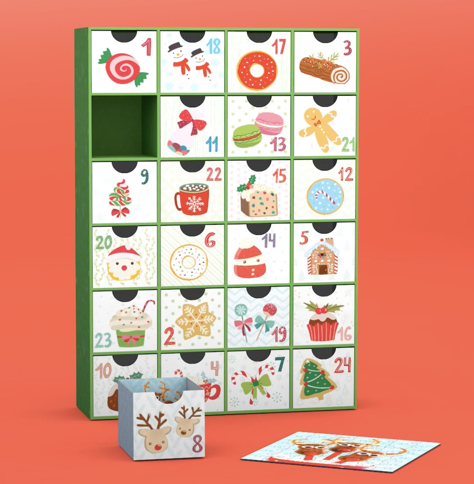 the boxes in the advent calendar with one box out and a puzzle displayed