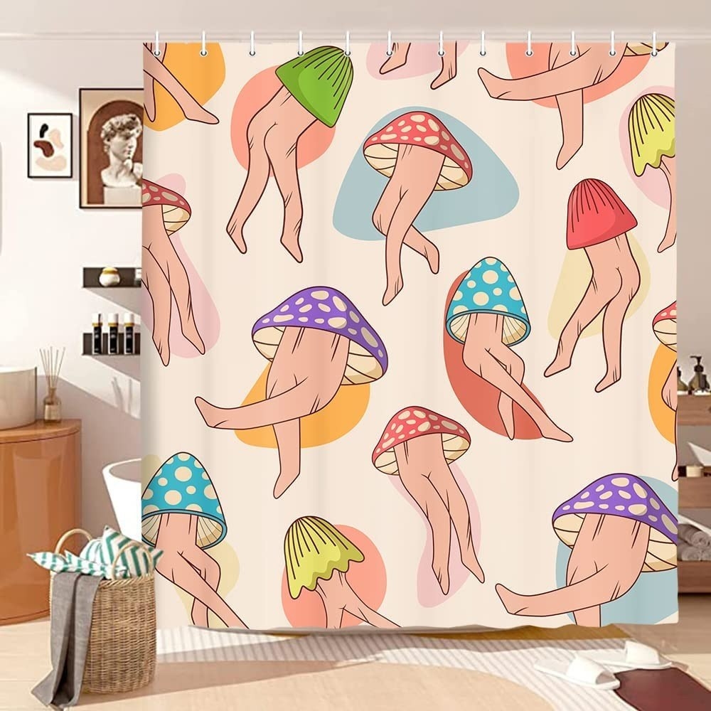 cortina para la ducha con imágenes de hongos con piernas