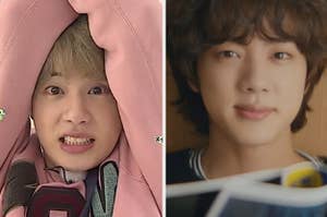 A close-up of Jin wearing a pink sweater with his arms raised above his head next to a close-up of Jin smiling into the camera from the Astronaut music video