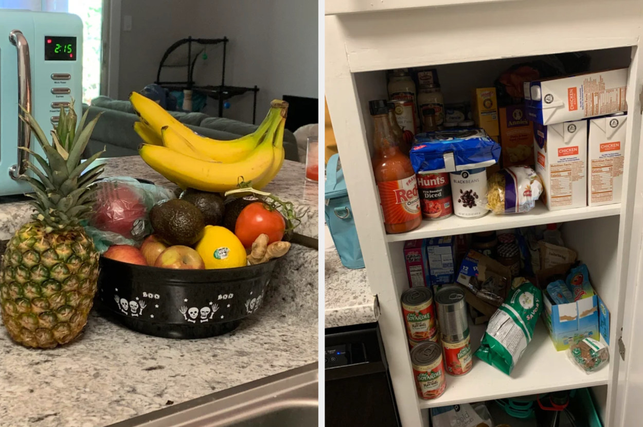 fruit on the counter and pantry stocked