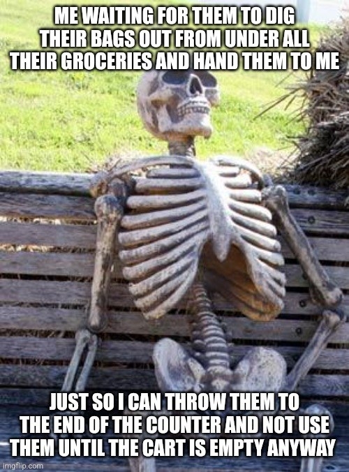 Meme of a skeleton sitting on a bench