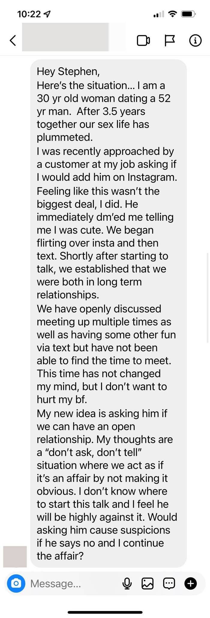 the message from a 30 year old woman saying that she&#x27;s been flirting with someone but wants to know if she should ask her 52 year old boyfriend if they should be in an open relationship before meeting this new guy