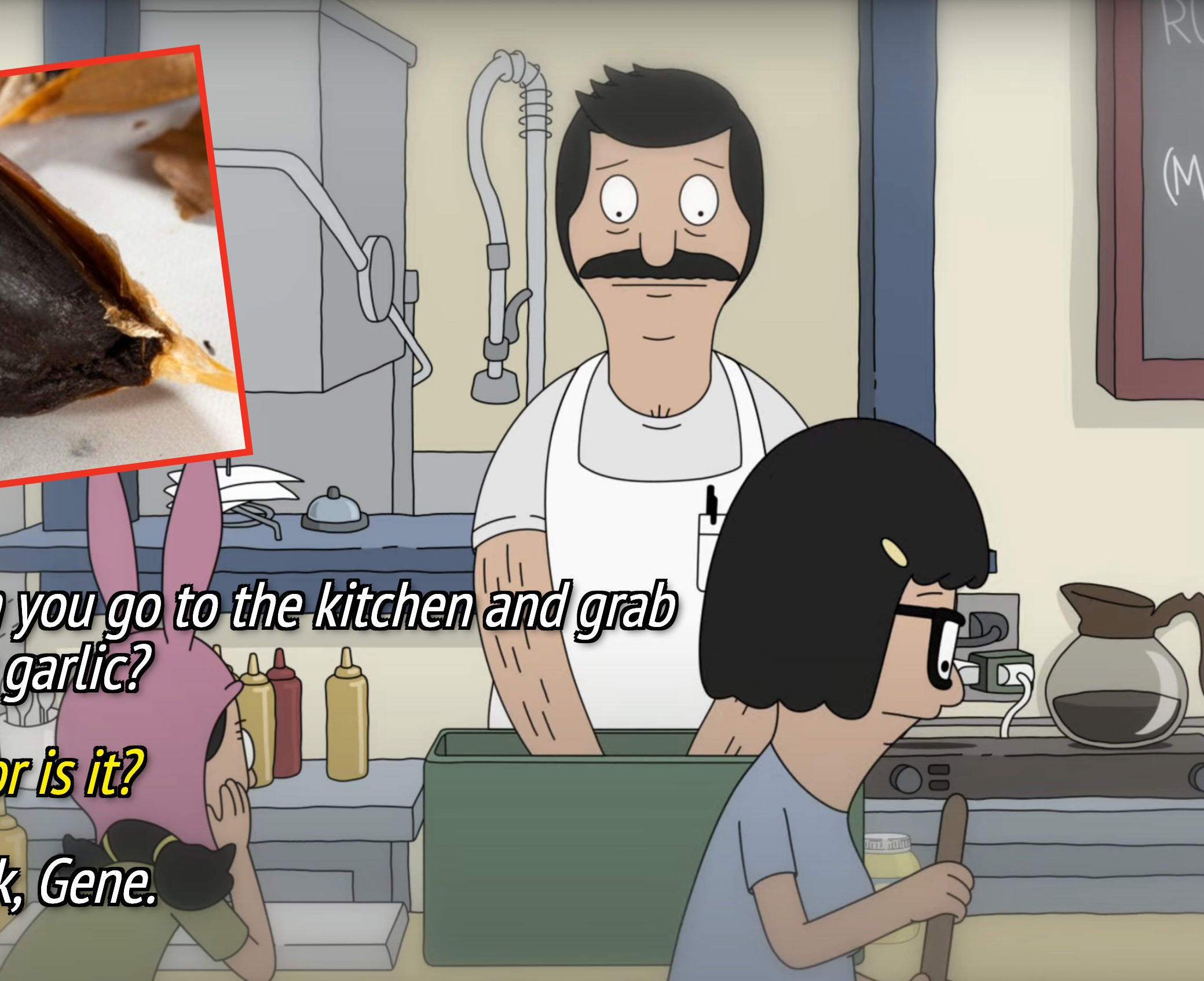 bob from bob&#x27;s burgers asking gene to get black garlic in the kitchen, with inset image of black garlic clove for reference