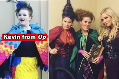 A side-by-side of someone a Kevin costume from "Up," with DIY'd colorful feathers, and three friends dressed as the Sanderson Sisters from "Hocus Pocus"