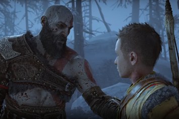 A blood-spattered bald man with a beard in leather armor talks to a boy in a snowy forest.