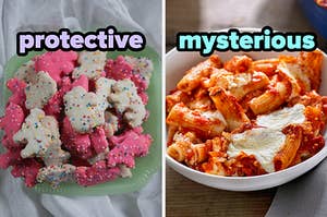 On the left, some frosted animal crackers labeled protective, and on the right, some baked ziti labeled mysterious