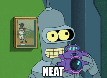 Bender from futurama taking a photo and saying neat