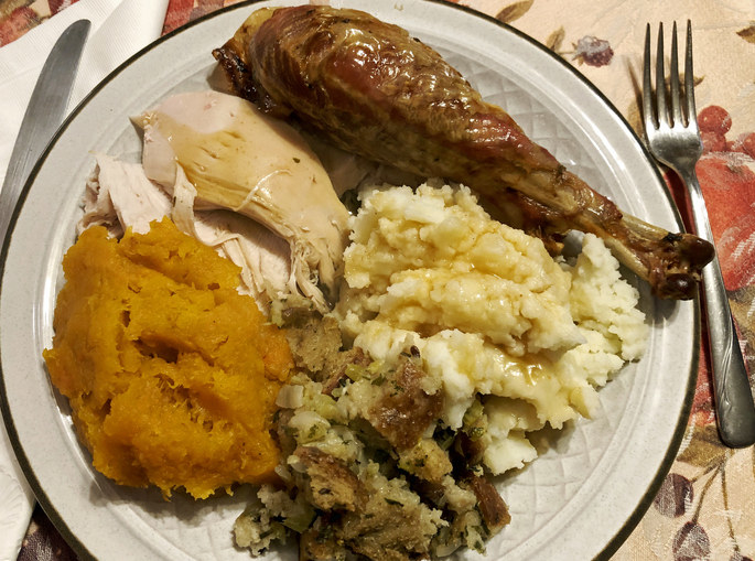 a plate of thanksgiving leftovers