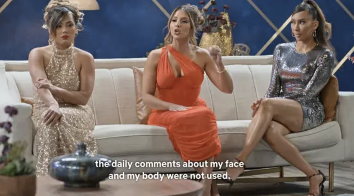Nancy, Zanab, and Raven sitting together with caption, &quot;The daily comments about my face and my body were not used&quot;