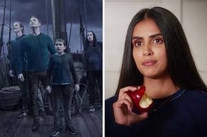 On the left, TJ, Ben, Cal, and Grace standing on a ship during a storm in a Calling on Manifest, and on the right, Saanvi from Manifest holding a half-eaten apple