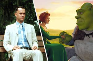 Forrest Gump sits on a bench and Princess Fiona holds hands with Shrek
