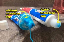 toothpaste with a normal cap; toothpaste with a mess-free cap