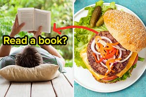 A man reads a book laying down and a burger with onions and peppers on it