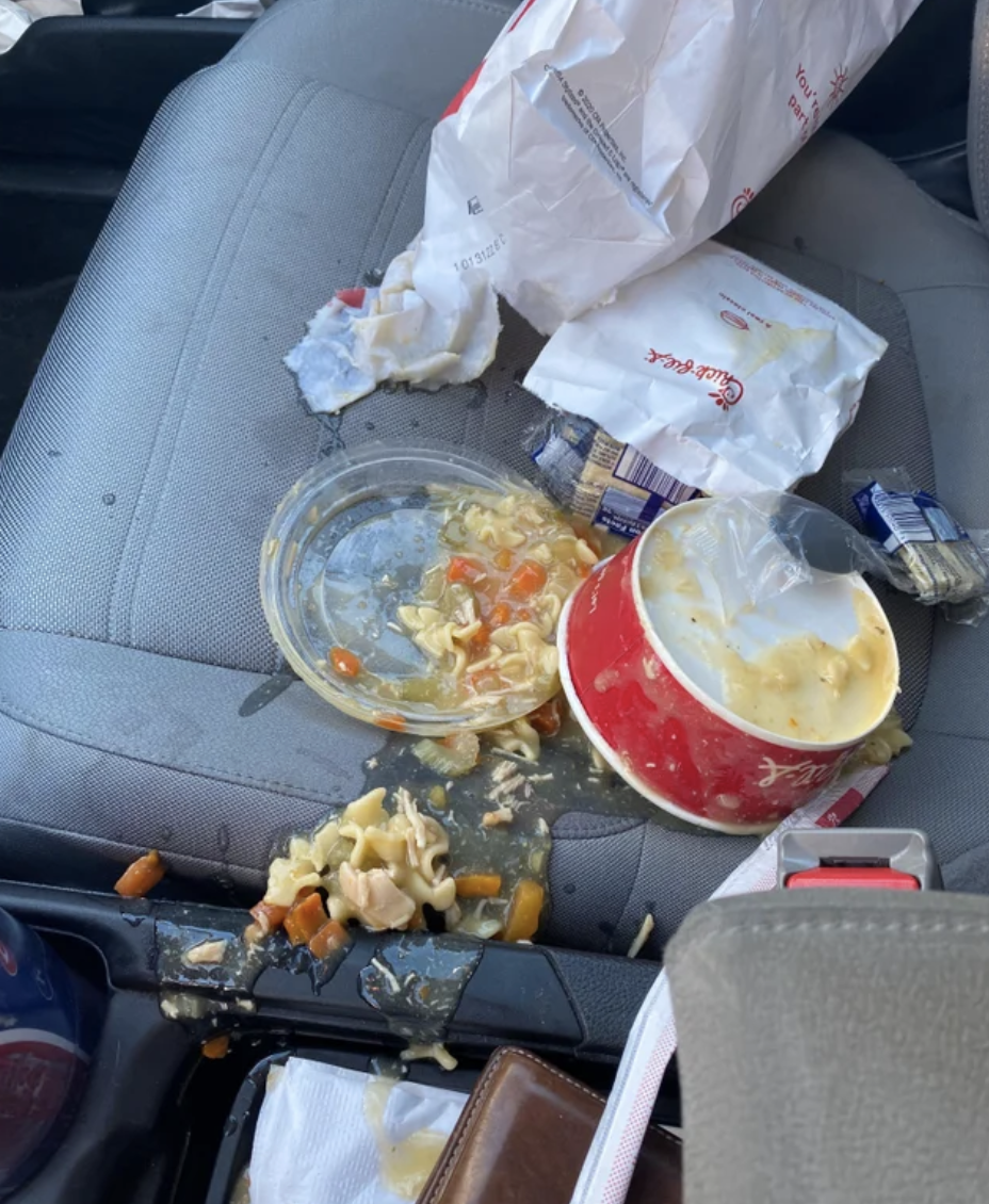 spilled takeout all over the car seat