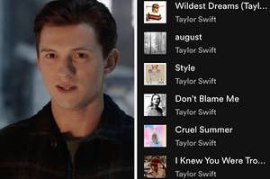 Peter Parker wears a dark jacket and a Spotify playlist of Taylor Swift songs
